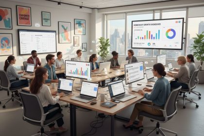 membres d'une association discutant autour d'un ordinateur avec un logiciel CRM ouvert