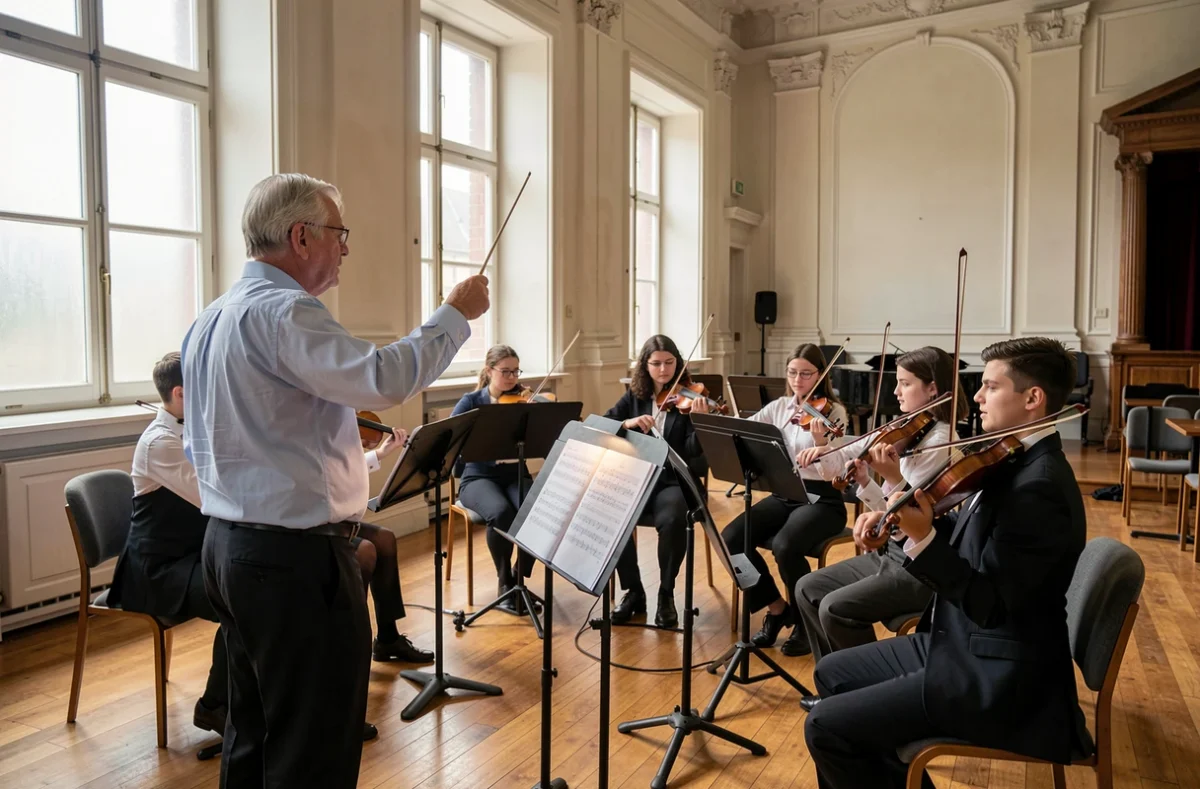 Chef d'ensemble dirigeant de jeunes musiciens dans la grande salle de l'Académie Jean-Sébastien Bach