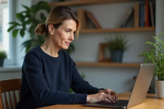Femme accédant à son webmail académique depuis son bureau à domicile sur un ordinateur portable