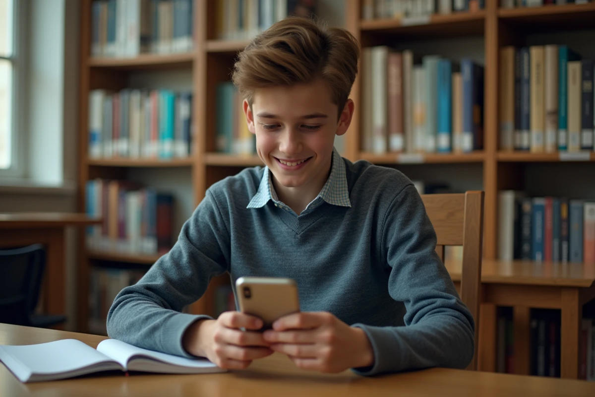 Ado en bibliothèque utilisant une simulation de memoire sur son smartphone