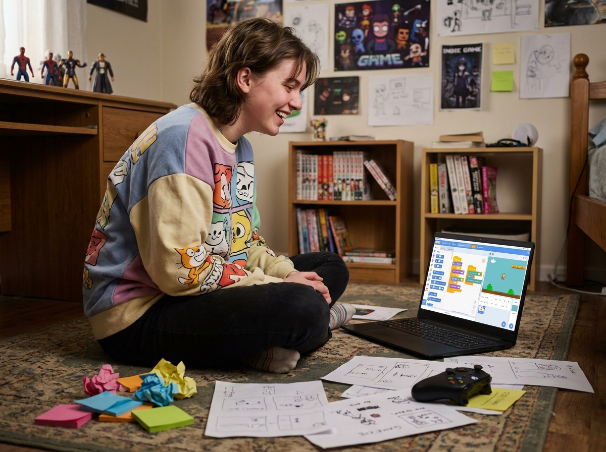 Un adolescent créant son premier jeu vidéo sans programmation depuis sa chambre avec un outil no-code
