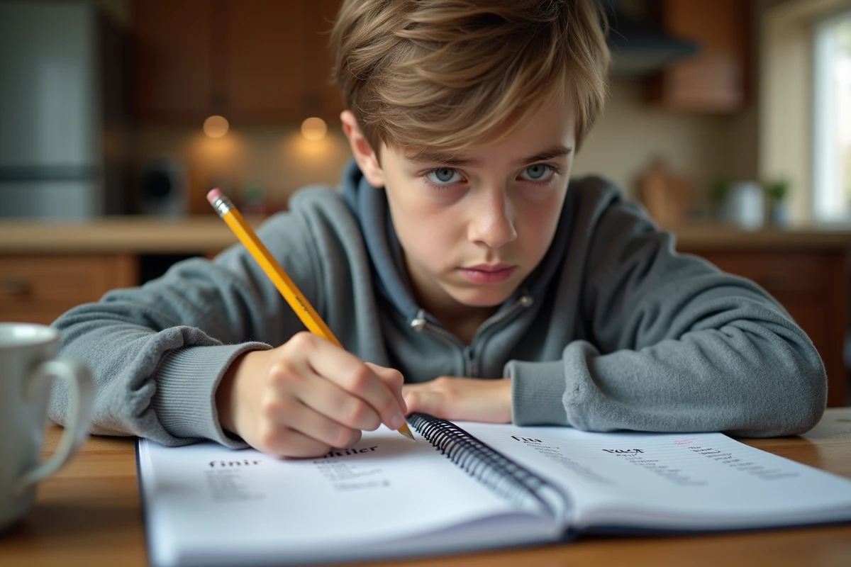 Adolescent faisant ses devoirs de conjugaison sur les verbes du 2ème groupe dans un cahier à la maison
