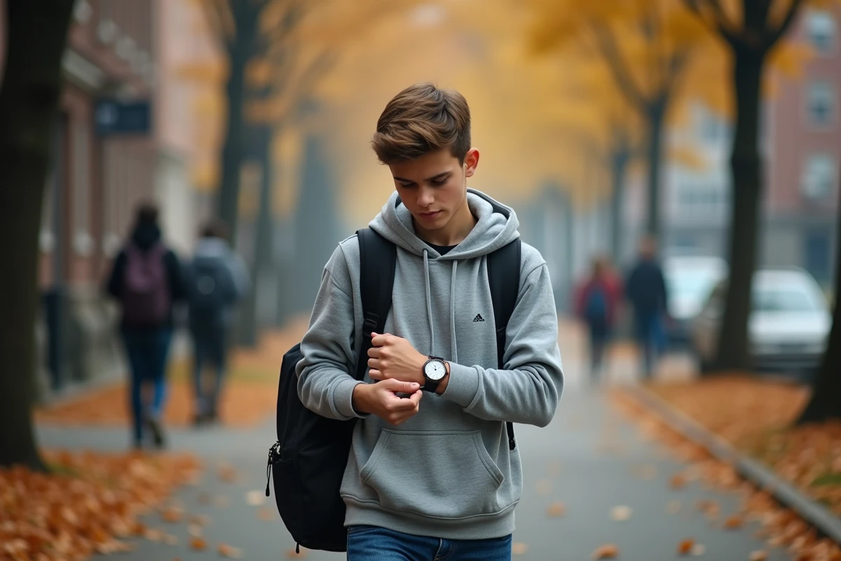 Adolescent vérifiant l'heure sur sa montre à 7h30 du matin en partant à l'école, représentation du format AM en anglais