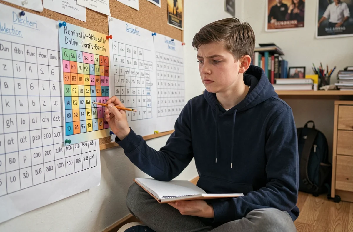 Adolescent révisant les cas allemands avec des tableaux de déclinaison affichés dans sa chambre
