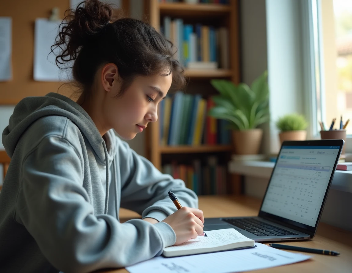 Adolescente révisant ses notes et calculant sa moyenne de brevet contrôle continu dans sa chambre