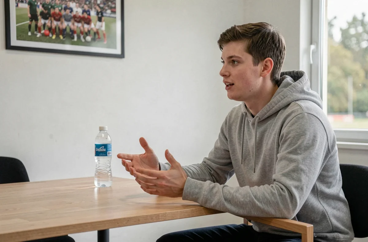 Ancien joueur du centre de formation de l'Olympique de Marseille témoignant de son expérience dans une salle de réunion du club