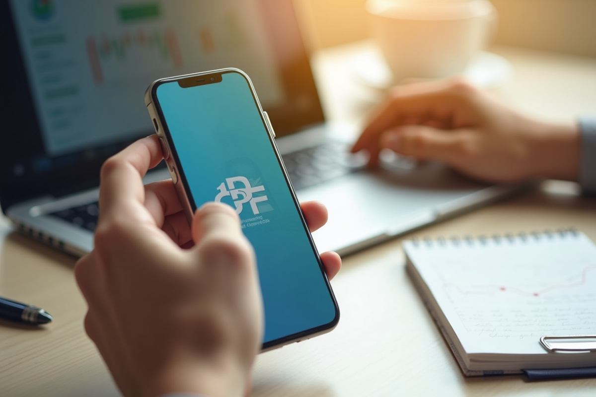 Mains tenant un smartphone avec l application CPF sur un bureau lumineux