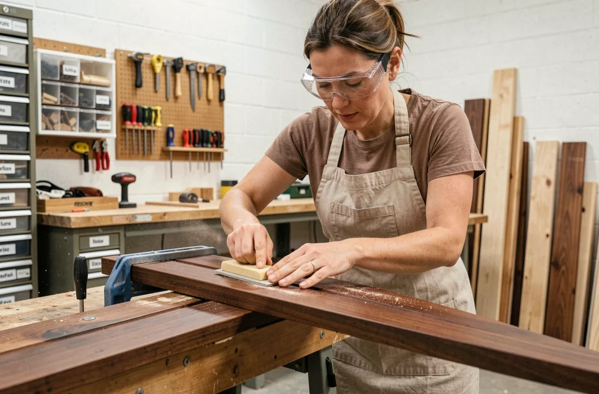 Apprenante en formation menuiserie ponçant un panneau de bois dans un centre de formation professionnelle