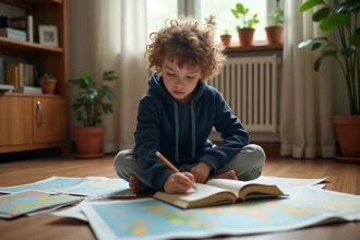 Jeune garçon étudiant de manière autonome sur le sol en bois d'un espace d'apprentissage à domicile, entouré de livres et de cartes, illustrant l'apprentissage alternatif à la maison