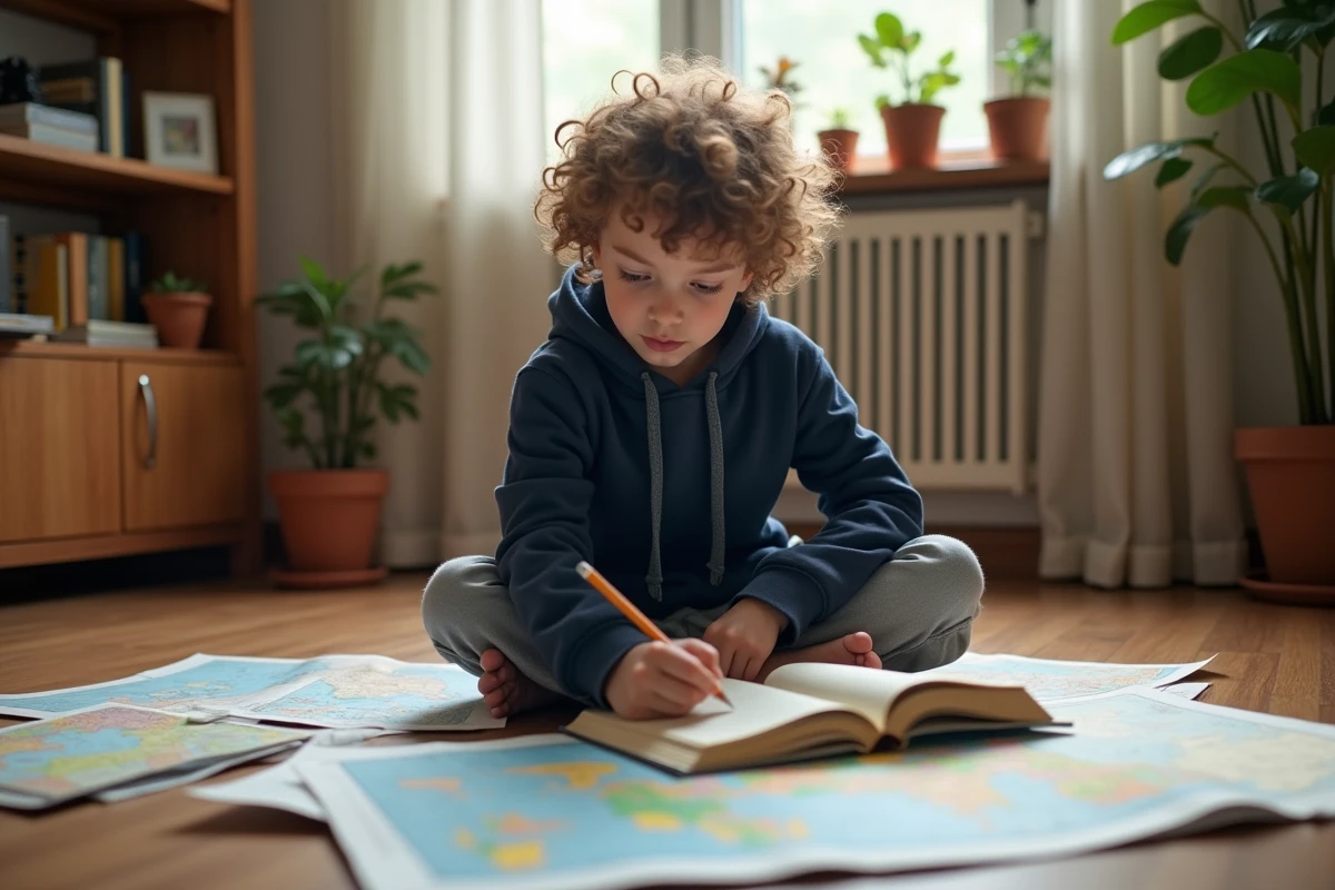 Jeune garçon étudiant de manière autonome sur le sol en bois d'un espace d'apprentissage à domicile, entouré de livres et de cartes, illustrant l'apprentissage alternatif à la maison