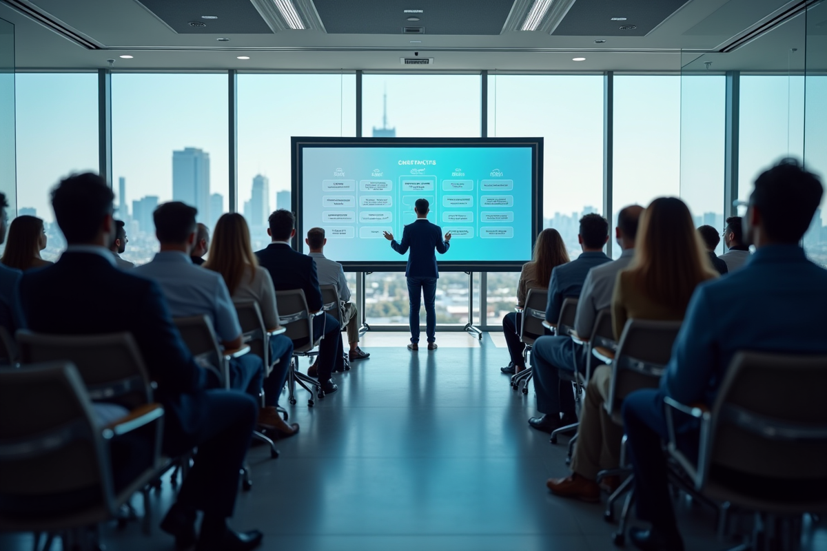 Groupe diversifié participant à un atelier de finance en salle lumineuse