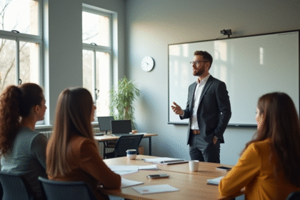 Formateur confiant en atelier dans une salle moderne
