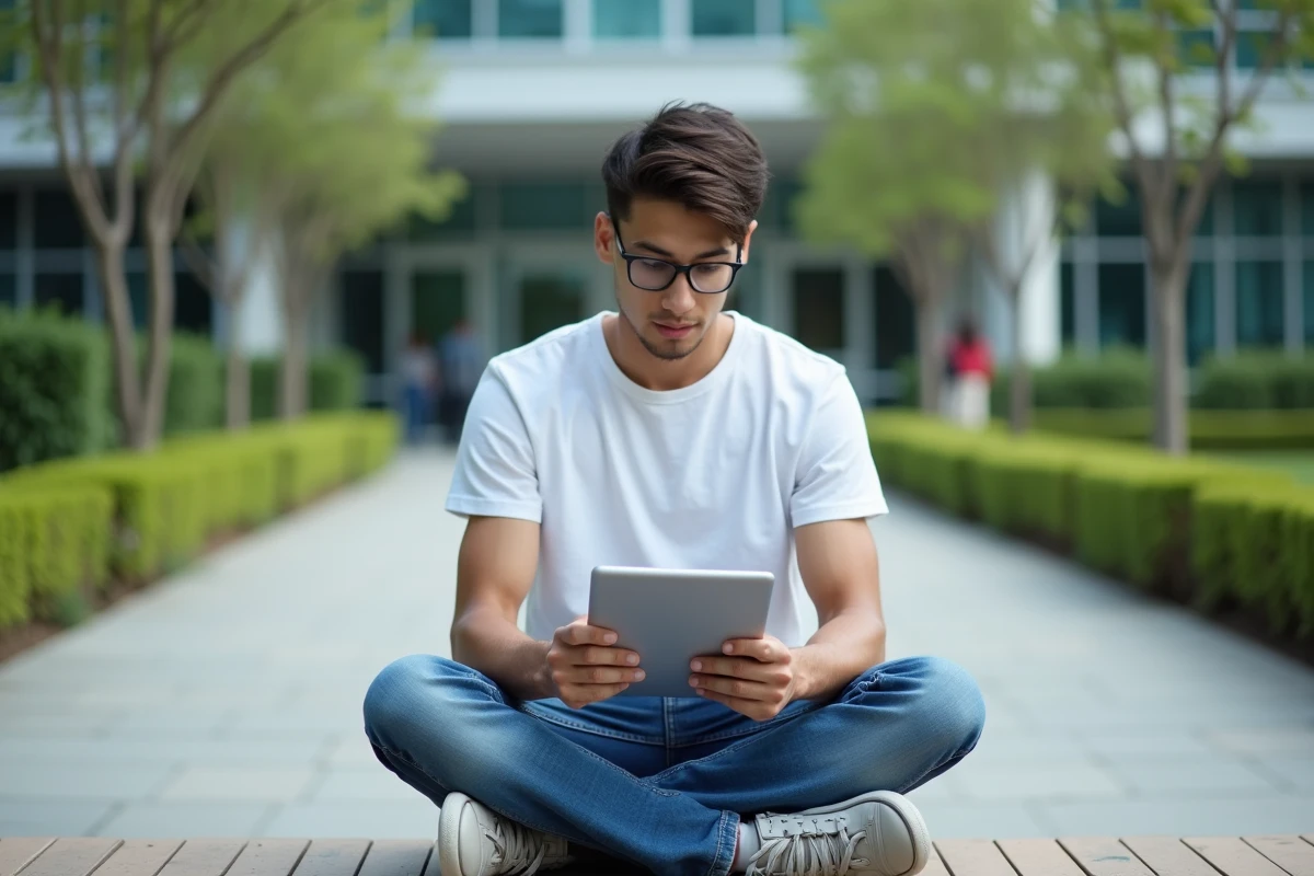 Étudiant vérifiant son authentification à deux facteurs pour accéder au portail mycampus sur une tablette en plein air