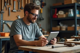 Bricoleur débutant consultant une formation en ligne sur tablette dans un atelier garage avec outils manuels