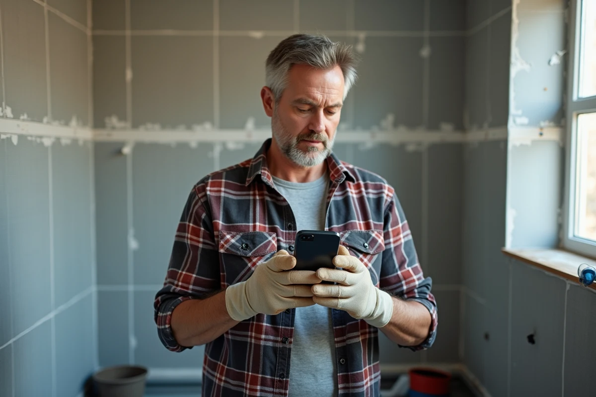 Bricoleur amateur consultant un tutoriel vidéo sur smartphone lors d'une rénovation carrelage salle de bain