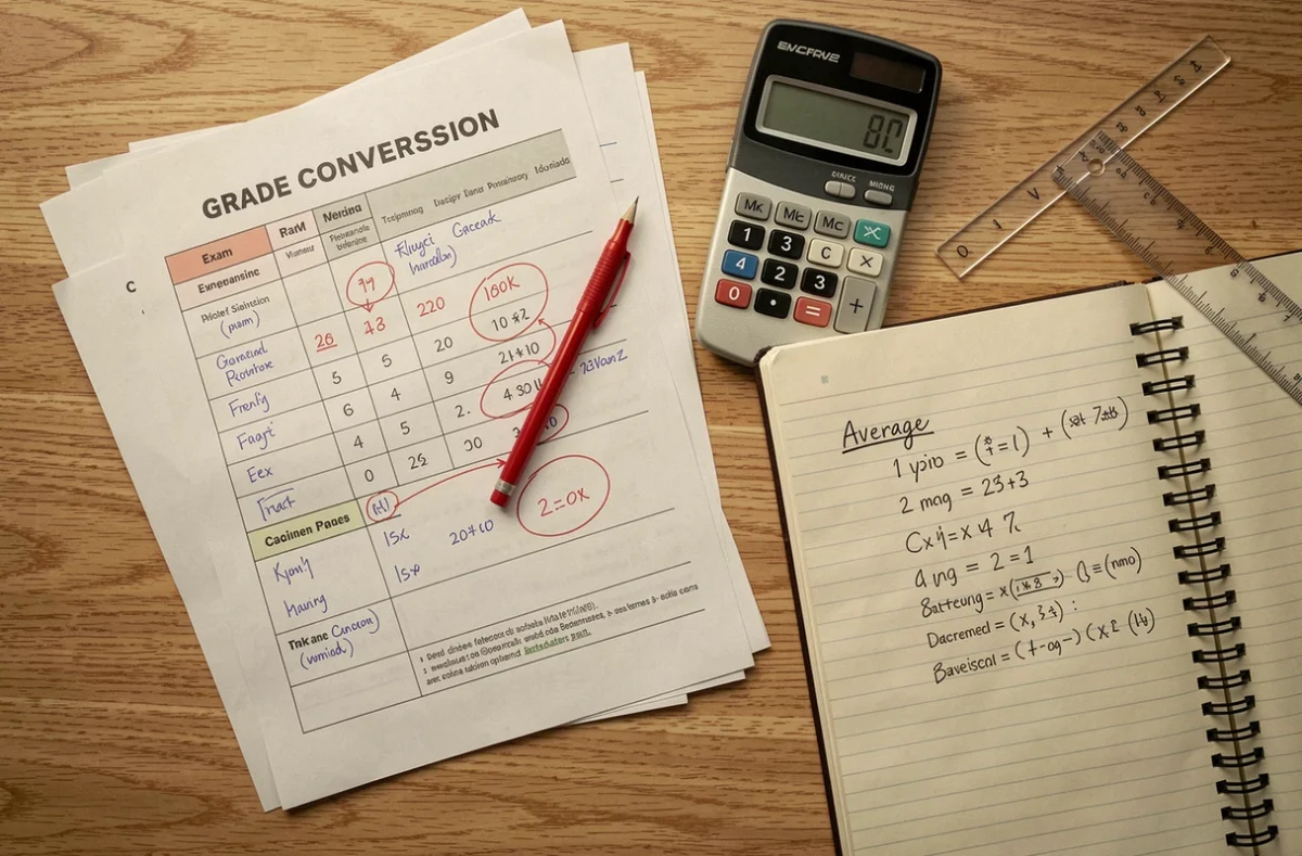 Vue aérienne d'un bureau étudiant avec une fiche de conversion de notes sur 20 annotée, une calculatrice et des copies corrigées