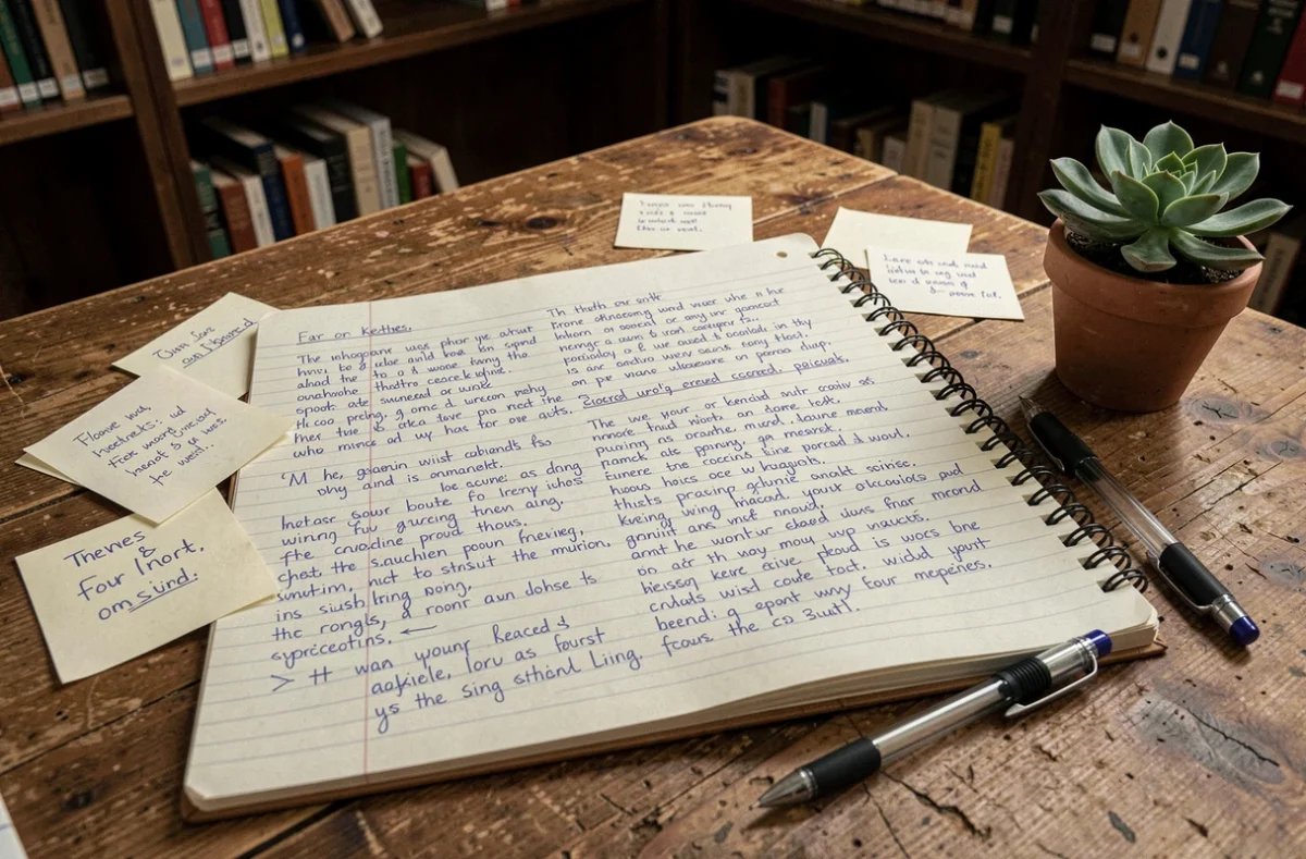 Vue aérienne d'un carnet spiral ouvert rempli d'exercices d'écriture manuscrits, entouré de fiches et de stylos sur une table en bois