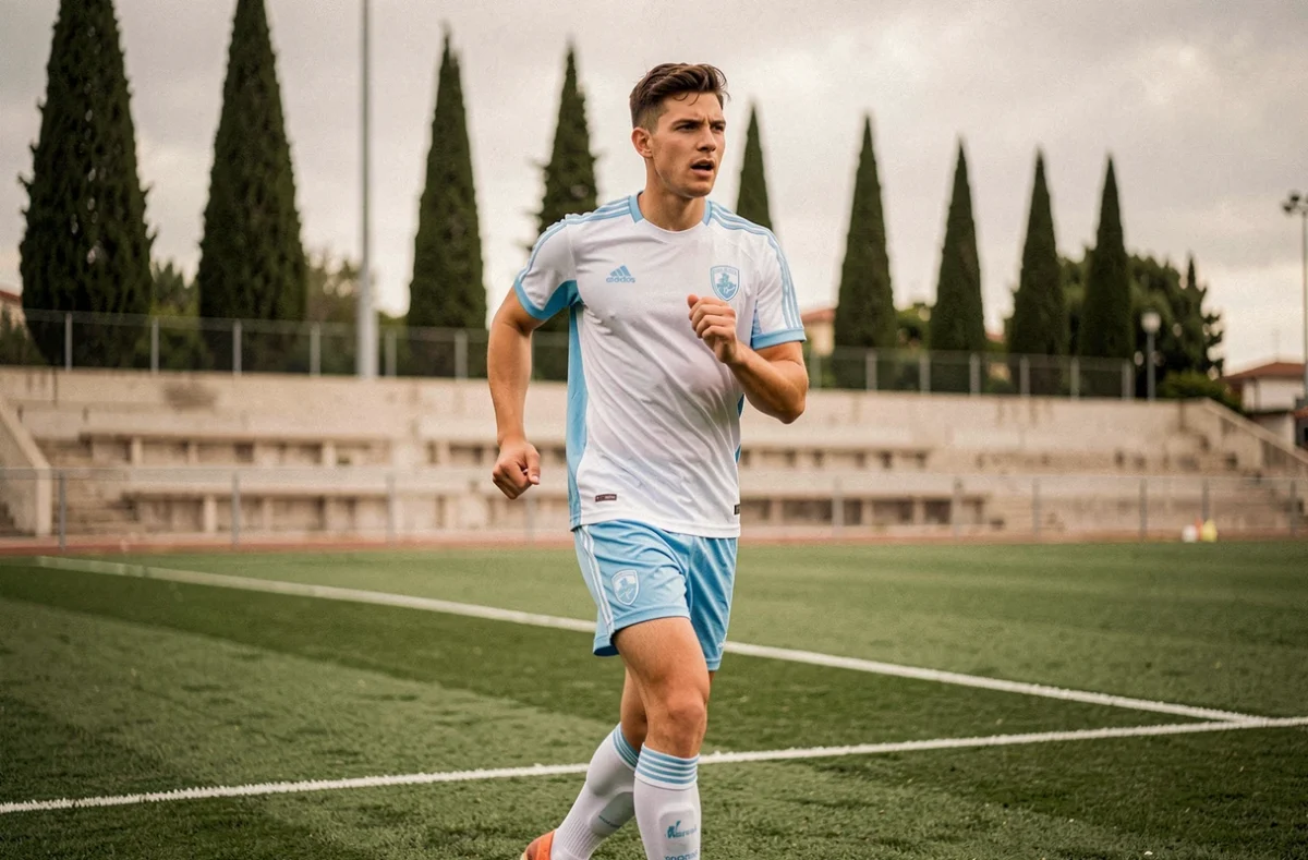 Jeune joueur de football en entraînement au centre de formation de l'Olympique de Marseille, portant une tenue blanche et bleue sur un terrain soigné