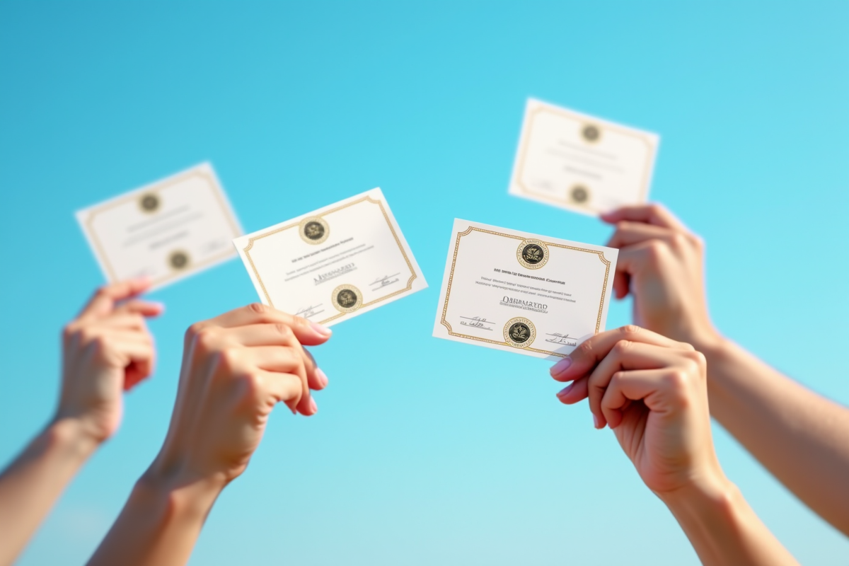 Plusieurs mains tenant des certificats financiers avec un ciel bleu en arrière-plan