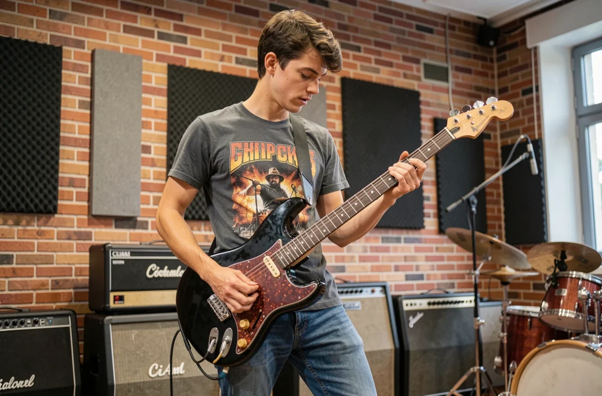 Jeune musicien jouant de la guitare électrique dans une salle de répétition du CIAM, école de musiques actuelles à Bordeaux