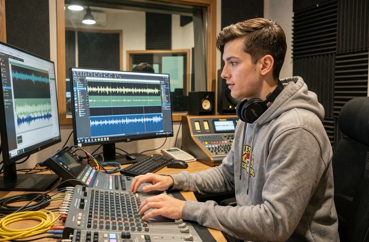 Jeune homme travaillant sur une station audionumérique dans le studio d'enregistrement des Clés Du Son à Cenon