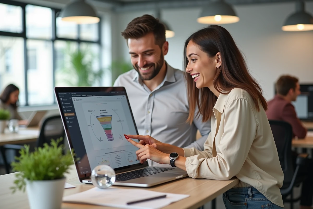 Deux formateurs collaborant sur une stratégie emailing marketing pour monétiser leurs formations en ligne
