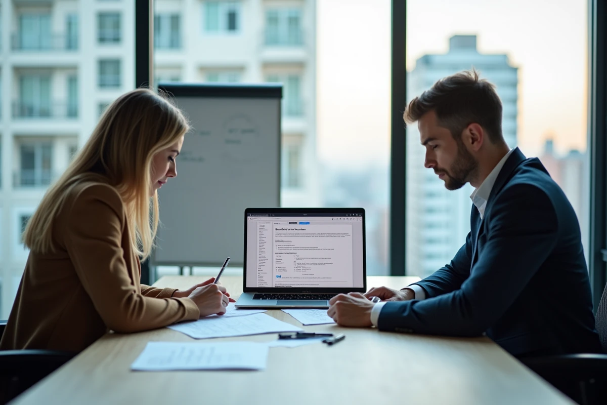 Deux collègues collaborant sur la rédaction et l'optimisation de candidatures dans un bureau moderne