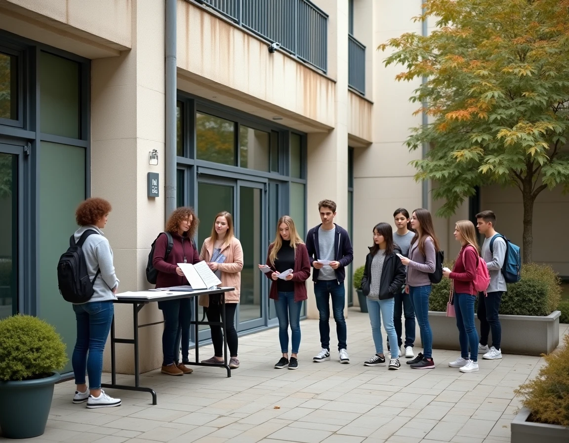 Cour extérieure du collège Braque de Dieppe avec des familles accueillies par le personnel lors des portes ouvertes