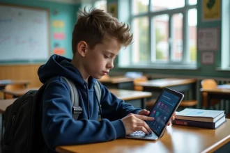 Collégien consultant son carnet de liaison numérique sur tablette en classe