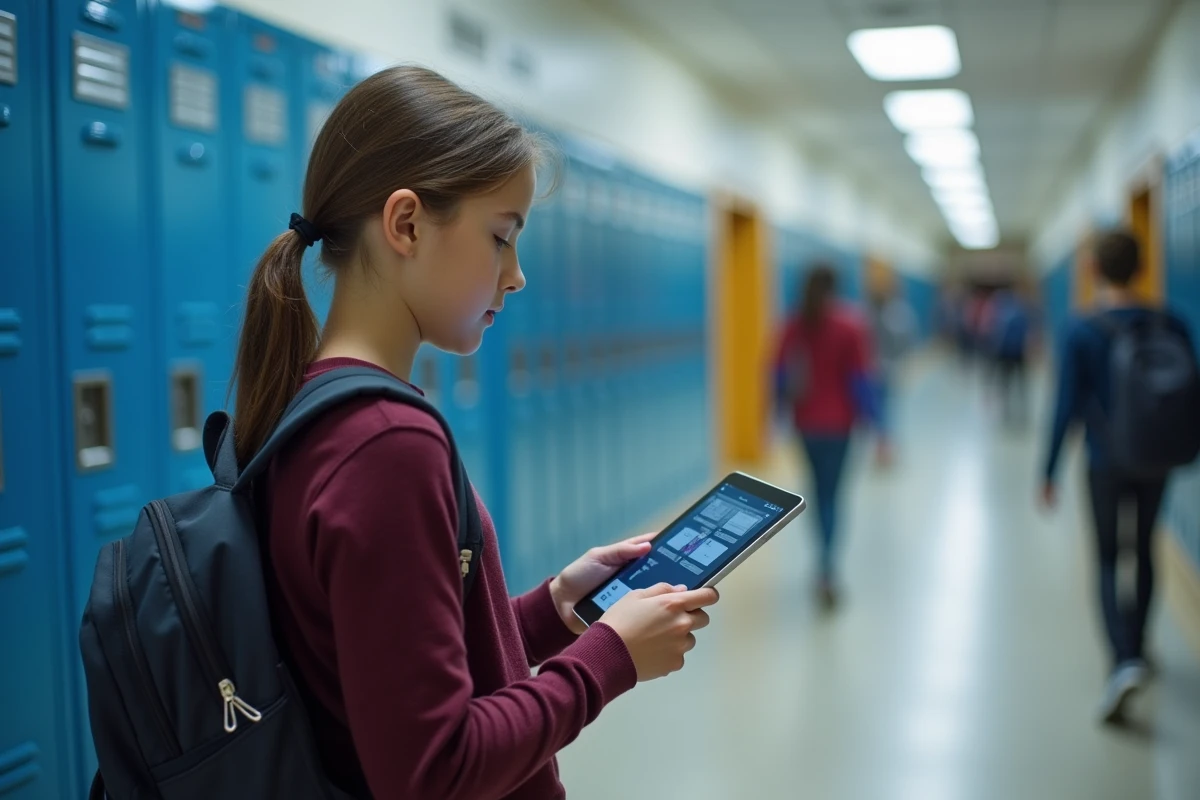 Collégienne consultant l'ENT sur une tablette dans le couloir de son établissement scolaire