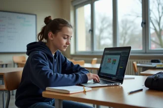 Collégienne utilisant un manuel numérique sur un ordinateur portable dans une salle de classe française