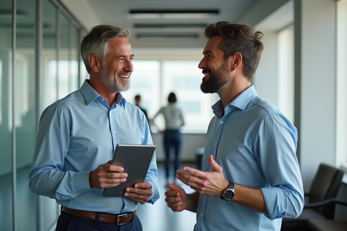 Deux collègues discutant dans un couloir de bureau