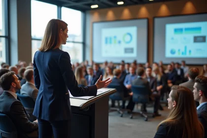Conférencière professionnelle lors d'une conférence sur la stratégie digitale à Paris, devant un public attentif dans une salle moderne