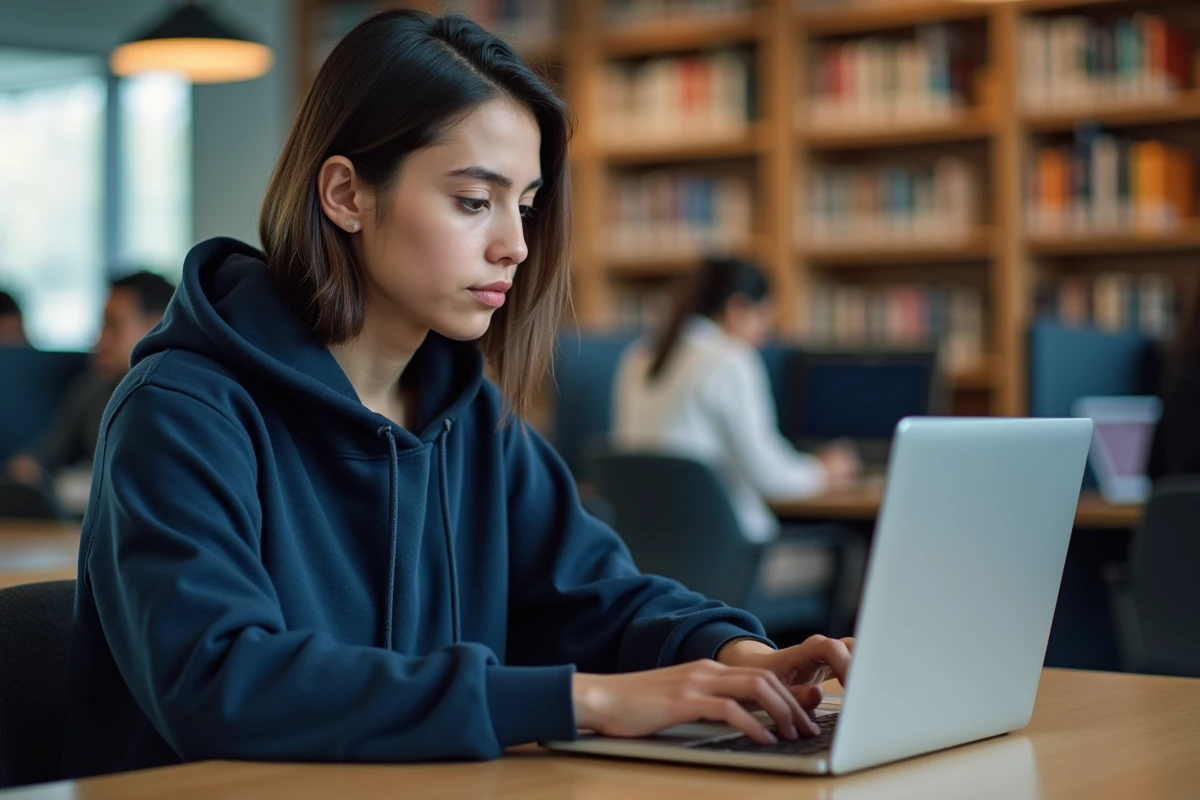 Étudiante se connectant de manière sécurisée au portail mycampus sur son ordinateur portable dans une bibliothèque universitaire