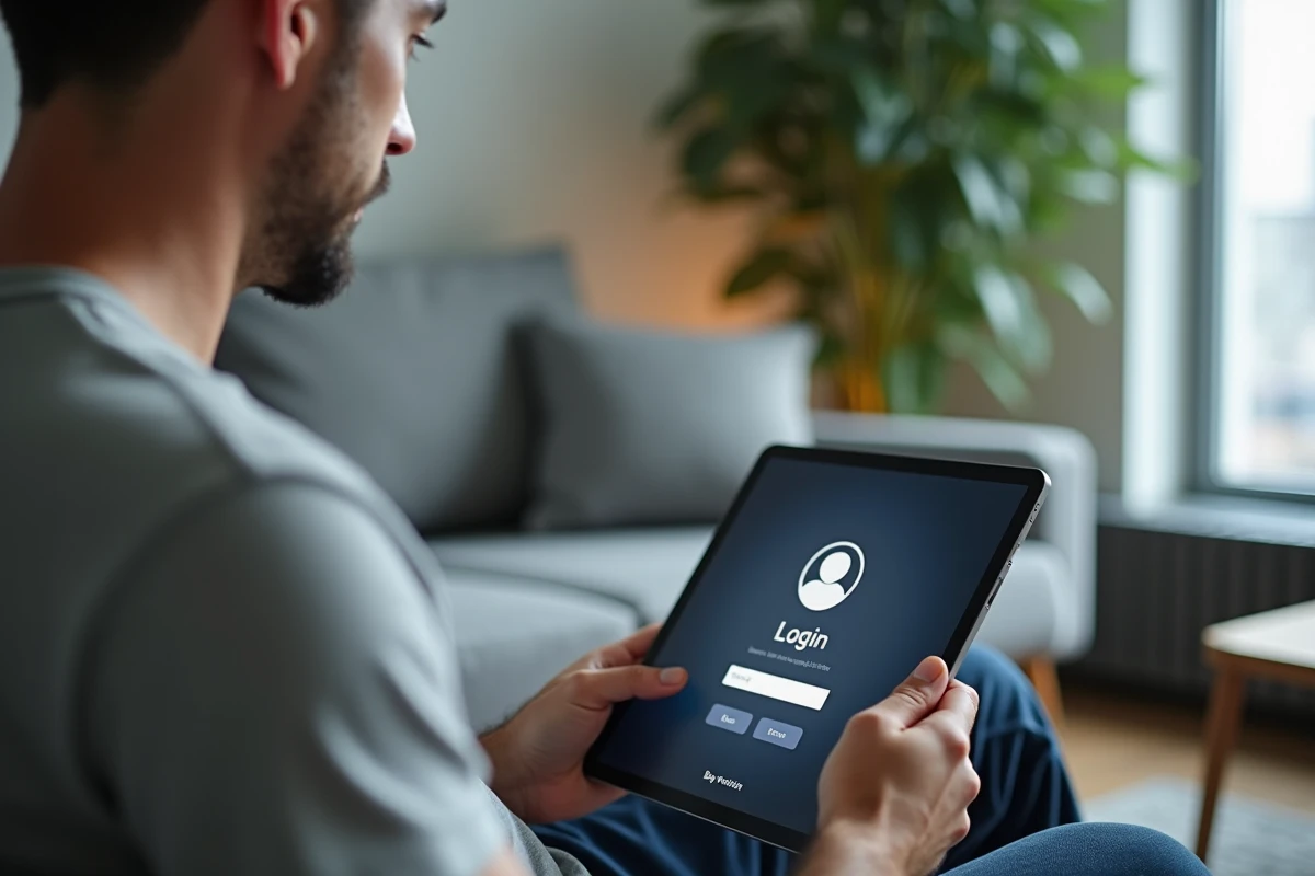 Homme consultant sa messagerie académique Toulouse sur une tablette dans son salon