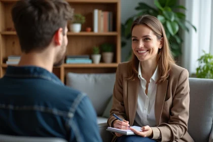 Femme en conseil écoute client dans un bureau chaleureux