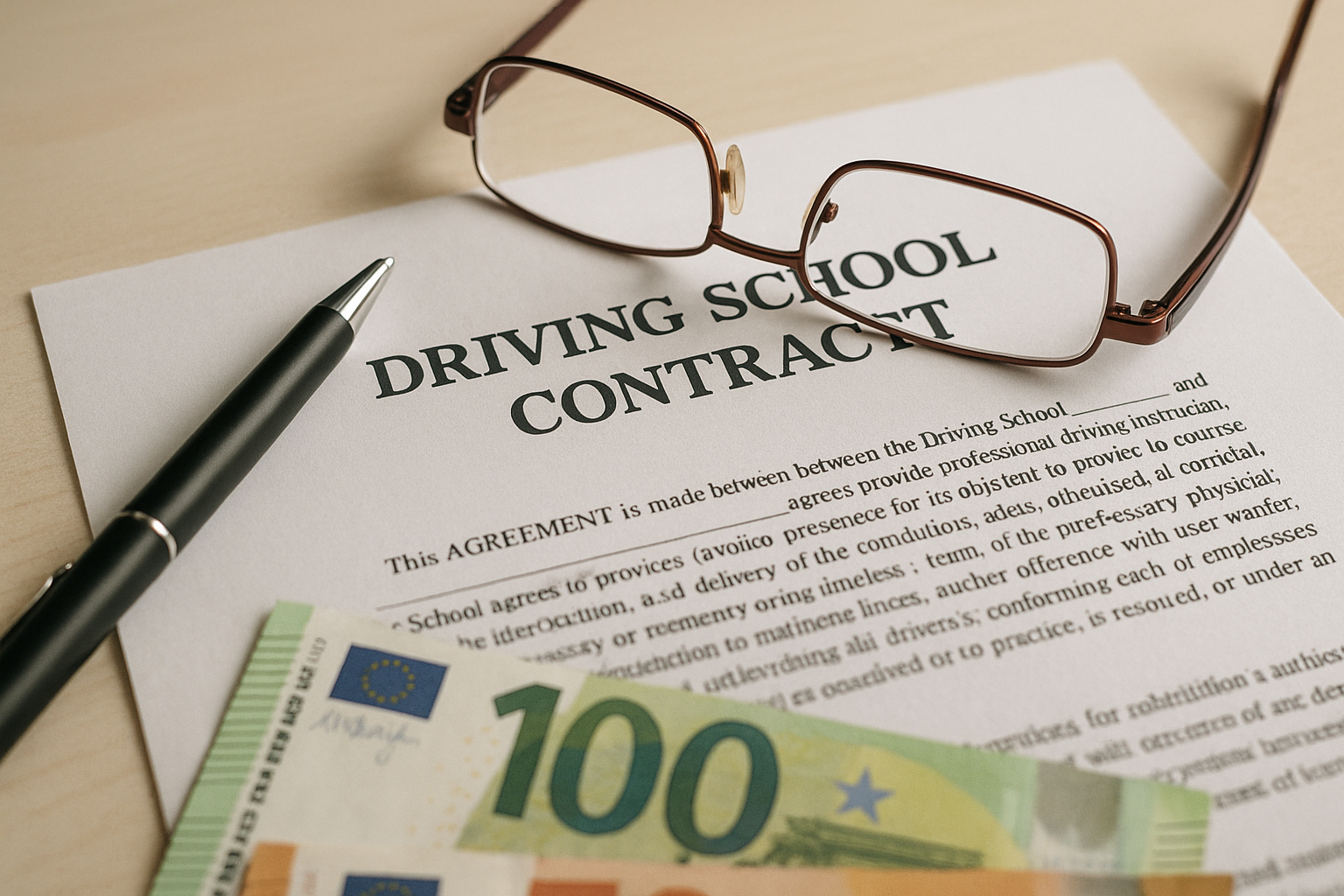 Contrat de conduite avec stylo et billets d euros en gros plan