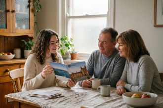 Jeune femme présentant son projet d'études en Australie à ses parents autour d'une table de cuisine
