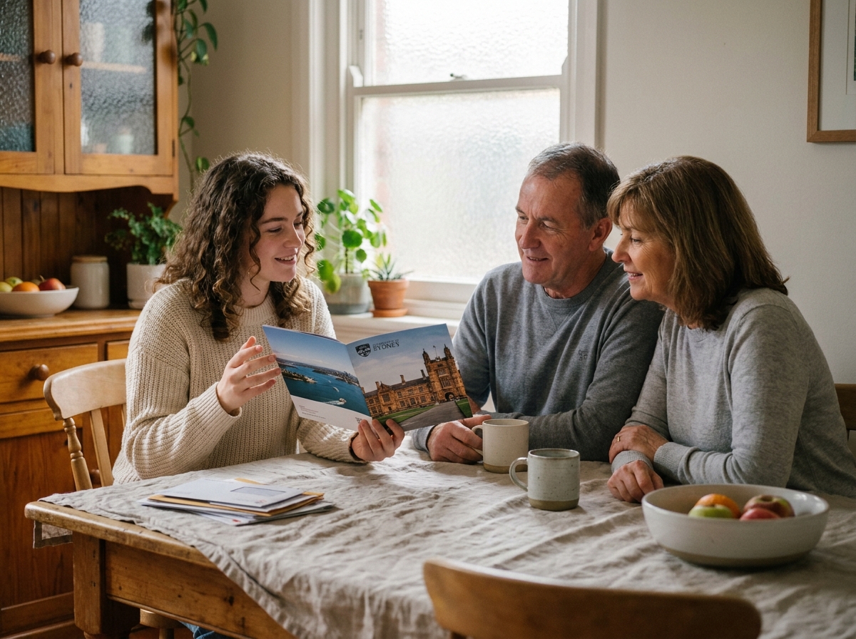 Jeune femme présentant son projet d'études en Australie à ses parents autour d'une table de cuisine