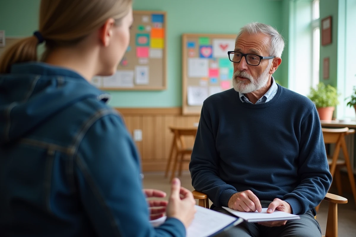 Conseiller en discussion avec une jeune femme dans un centre communautaire