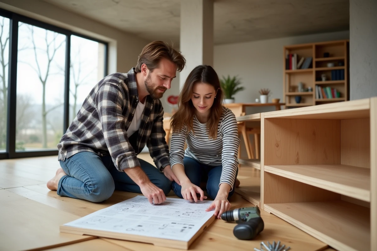 Couple assemblant une étagère en bois dans un appartement moderne, apprentissage bricolage en couple avec Bricoludik