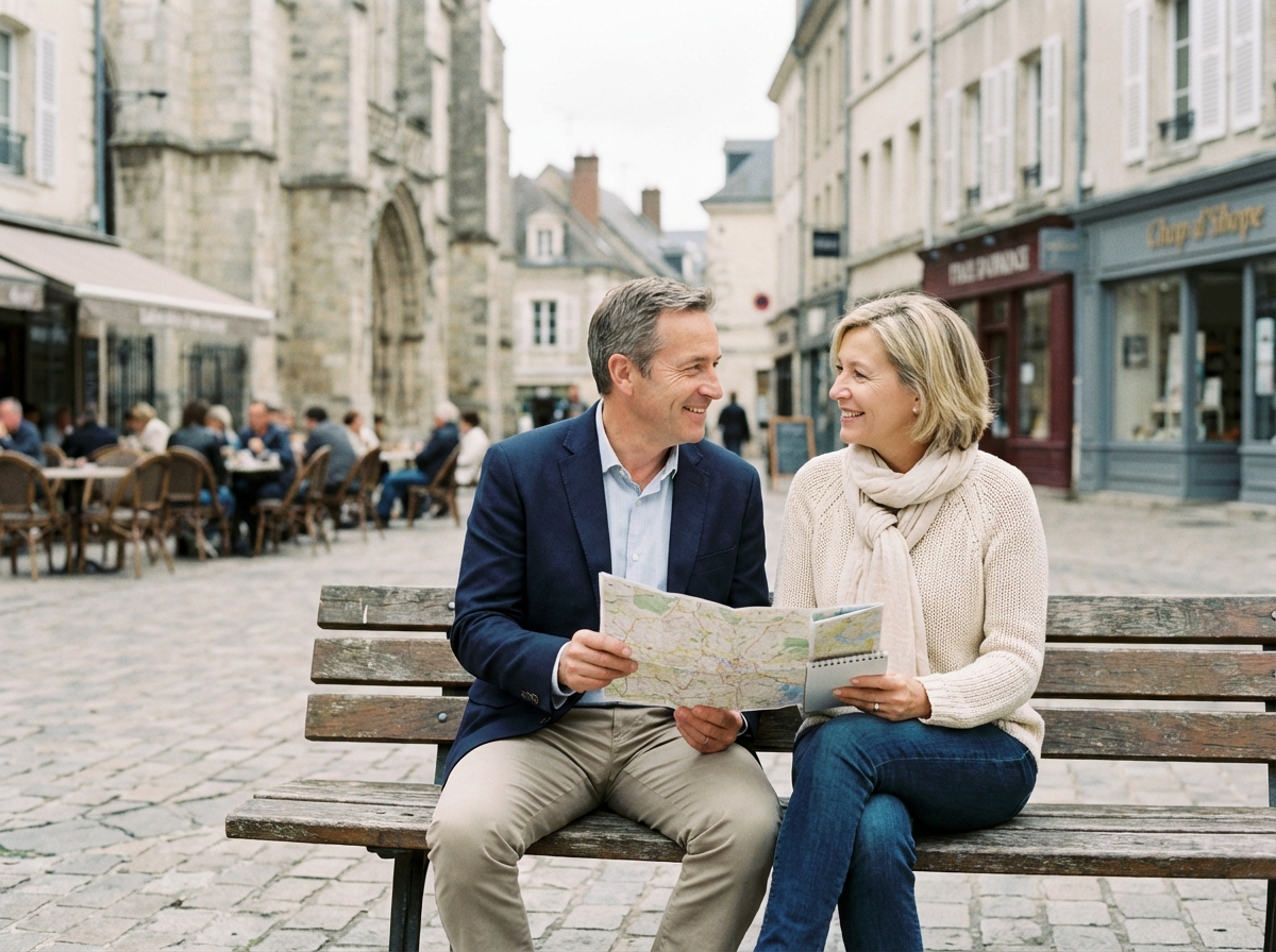 Couple assis sur un banc à Dreux en discussion