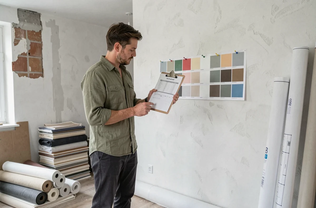 Décorateur intérieur analysant un devis imprimé dans un chantier de rénovation résidentielle