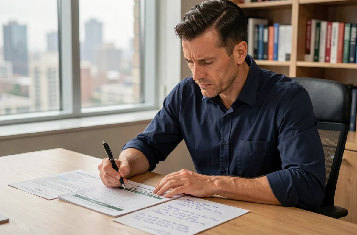 Manager masculin analysant seul son style de leadership avec des grilles d'évaluation et des notes manuscrites sur un bureau