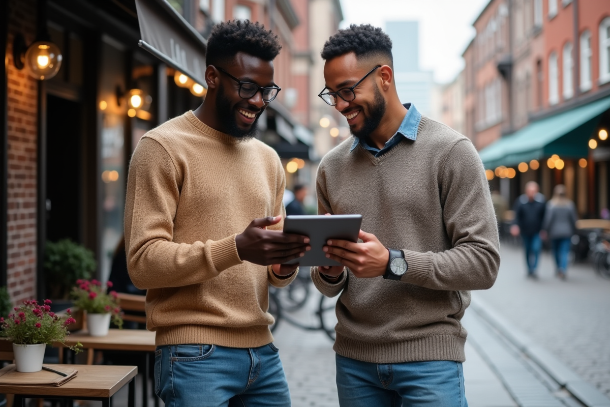 Deux hommes souriants collaborant avec une tablette en extérieur