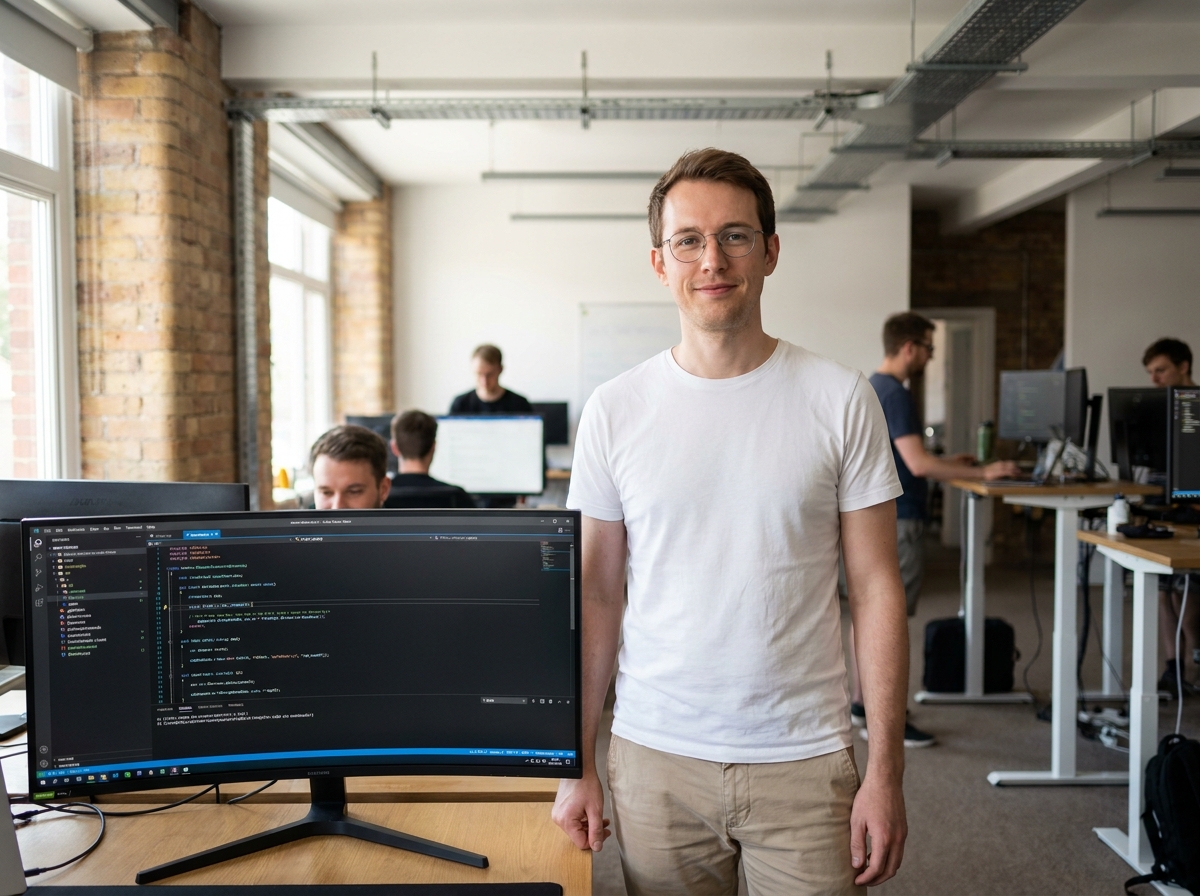 Développeur de jeux vidéo analysant du code dans un bureau de studio indépendant professionnel