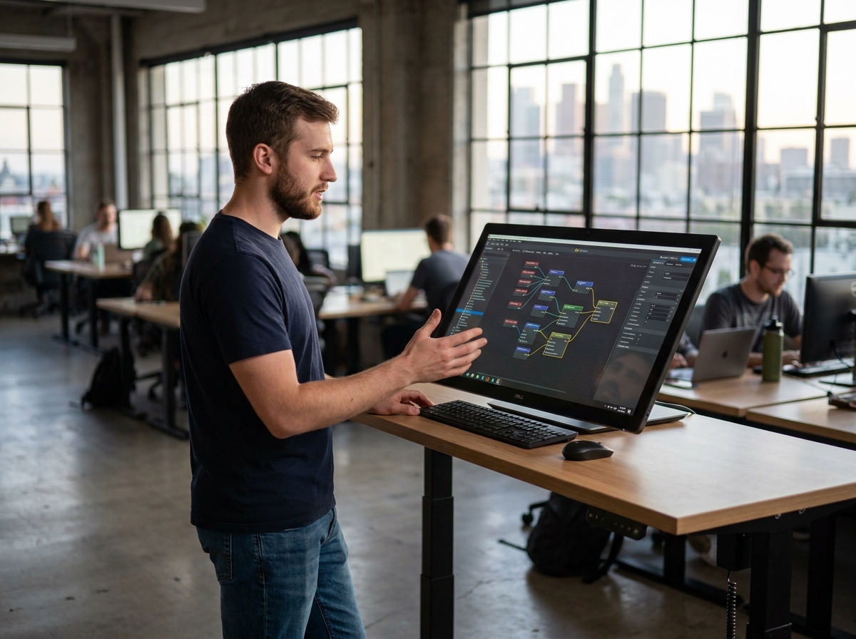 Un jeune homme développant un jeu vidéo avec un logiciel no-code dans un espace de coworking moderne