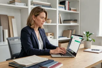 Professionnelle utilisant un outil de devis en ligne pour estimer rapidement ses coûts de décoration intérieure