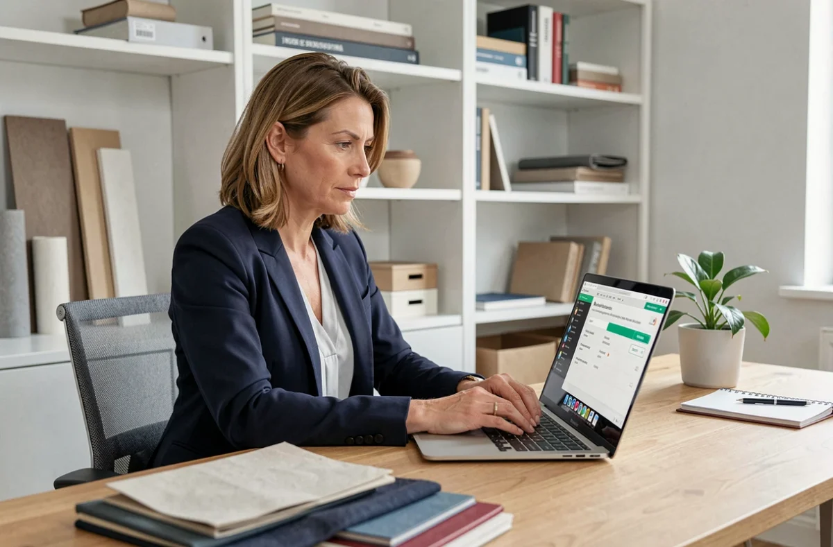 Professionnelle utilisant un outil de devis en ligne pour estimer rapidement ses coûts de décoration intérieure