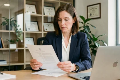 DRH femme en réunion d'entretien examinant un CV marketing dans un bureau d'entreprise moderne